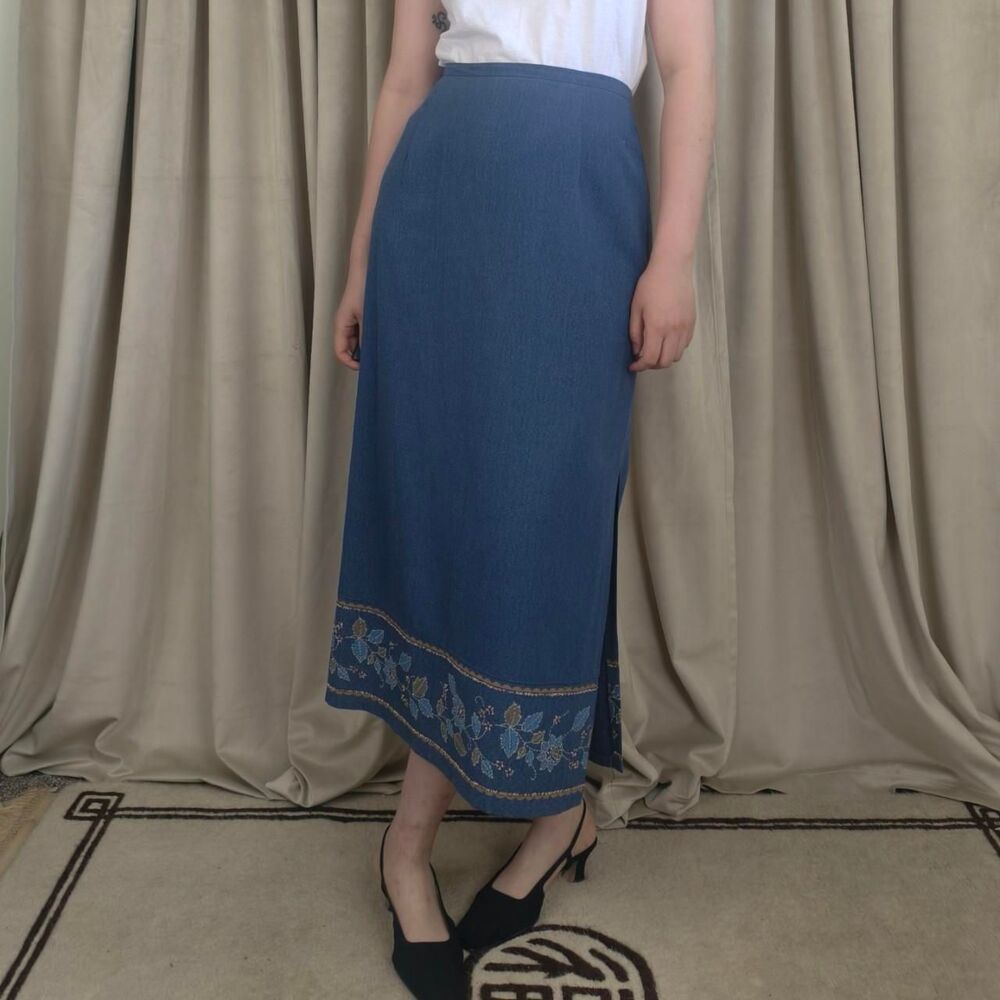 Vintage Blue Denim Maxi Skirt with Floral Embroidery